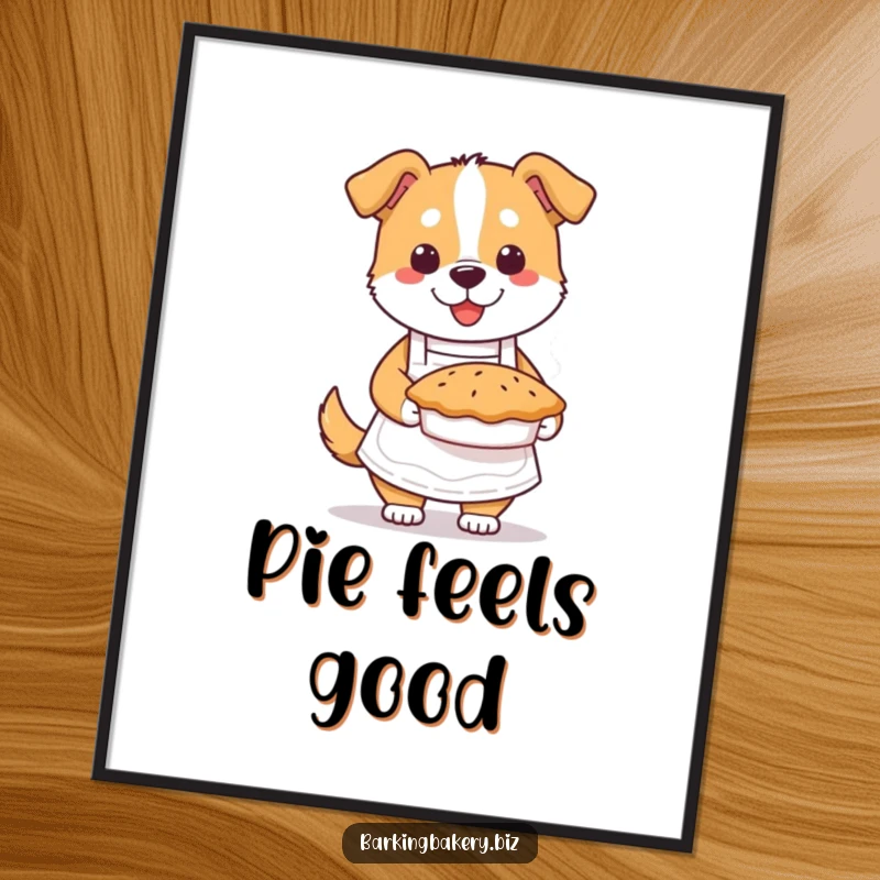Funny dog baker digital art print of a dog in an apron holding a pie, instantly downloadable wall art.