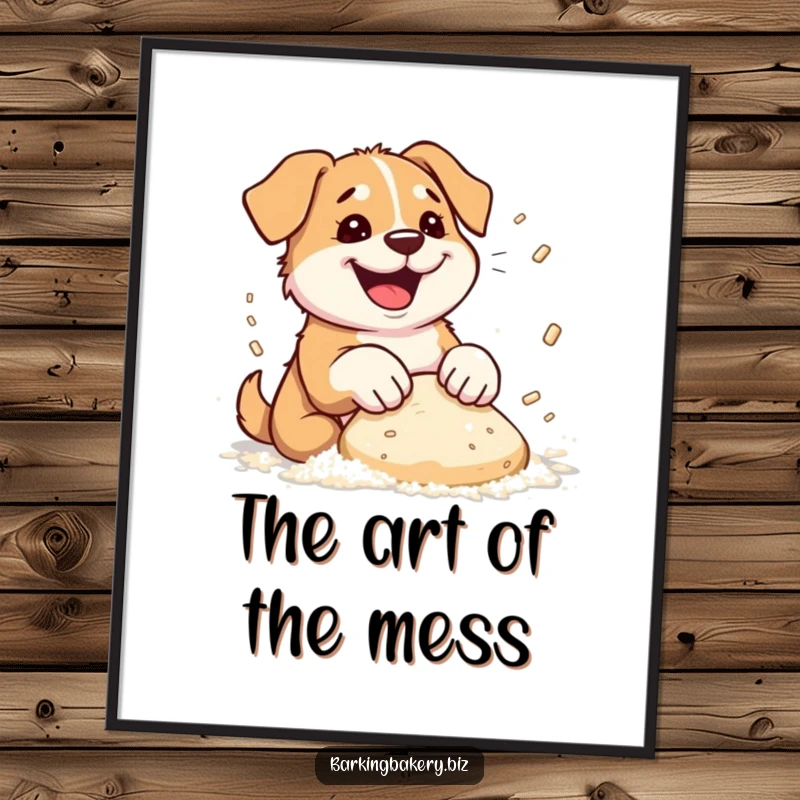 Funny dog digital art print of a dog enthusiastically kneading dough, creating a comical flour explosion.