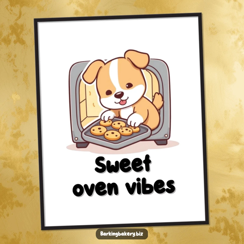 Funny dog digital art, a cute puppy baker slides a tray of cookies from a tiny oven, whimsical and humorous printable art.