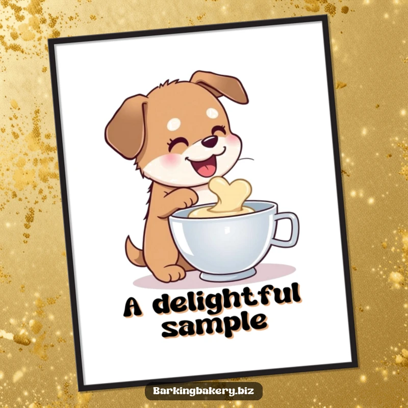 Funny dog digital art print of a happy dog sampling batter from a mixing bowl, embodying pure delight.