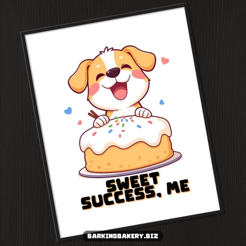 Funny digital art print of an ecstatic dog zealously decorating a cake with a cascade of colorful sprinkles.