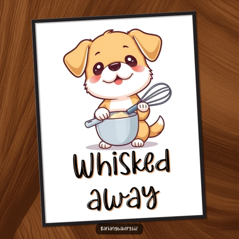 Funny digital art print of a dog holding a whisk, looking ready to mix, perfect for humorous decor.