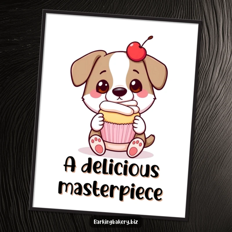 Funny dog digital art print of a proud dog presenting a cupcake with a cherry on top, embodying sweet success.