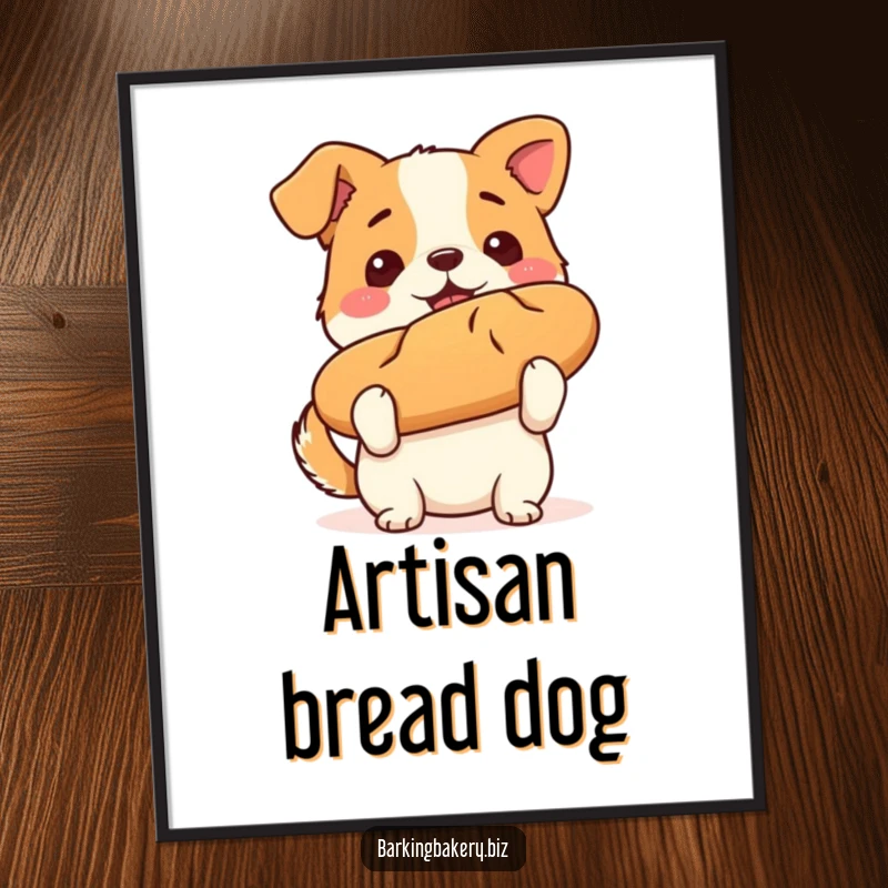 Funny dog digital art print of a proud puppy holding a perfectly baked loaf of bread, a true baking champion.