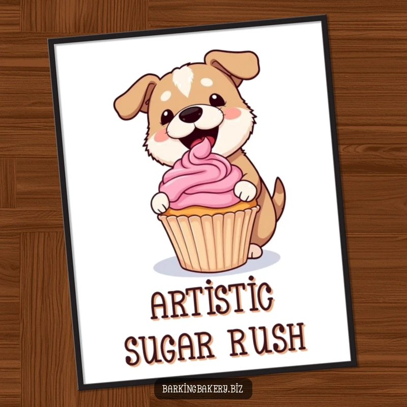 Funny dog digital art print of a dog gleefully frosting a lopsided cupcake with a pink swirl, joyful bakery art.