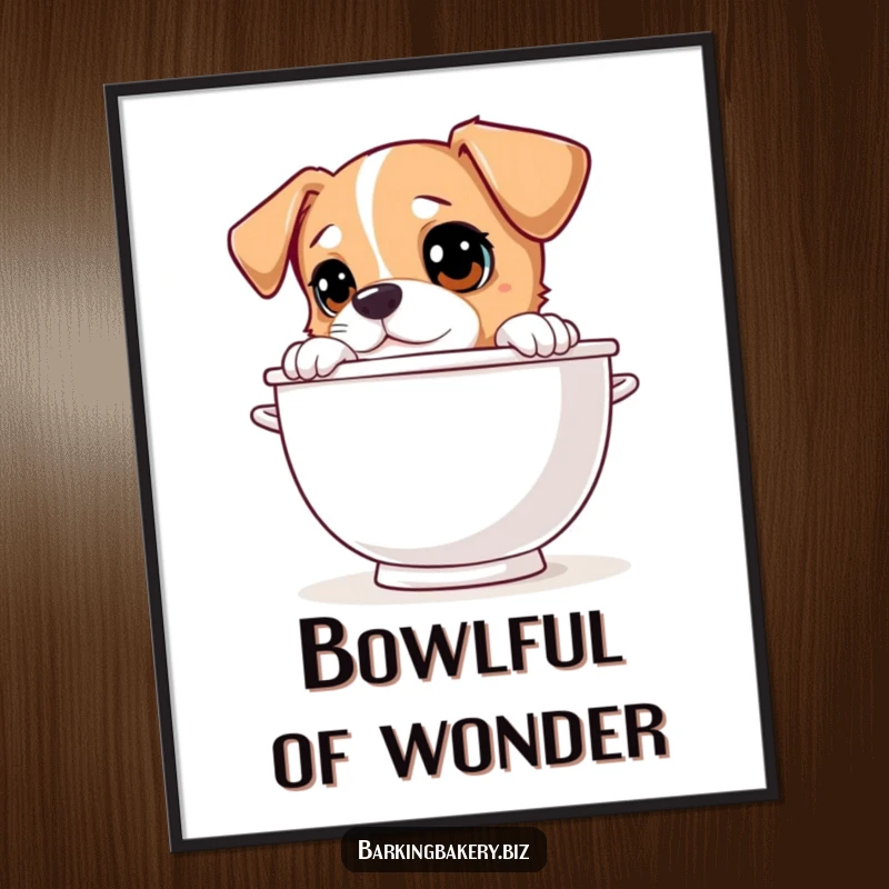 Funny dog peeking over a giant mixing bowl with curious eyes, a downloadable digital art print for kitchen decor.