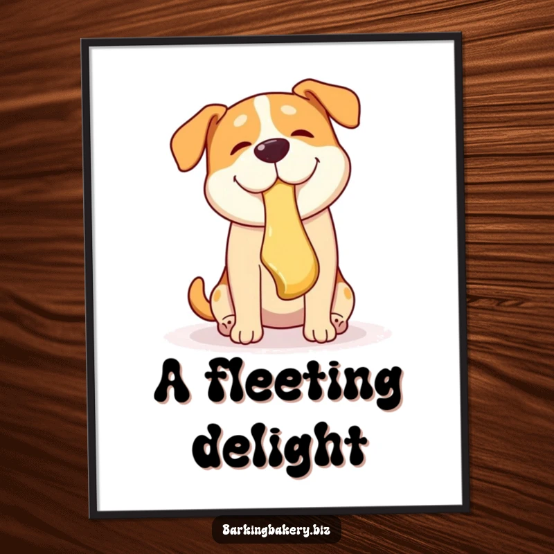 Funny dog digital art print showing a joyful dog catching a falling pastry with its mouth, full of energy.