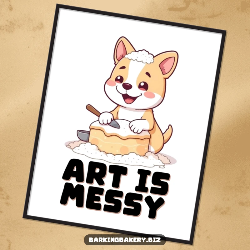 Funny digital art print featuring a happy dog coated in flour, proudly presenting a hilariously lopsided baked cake.