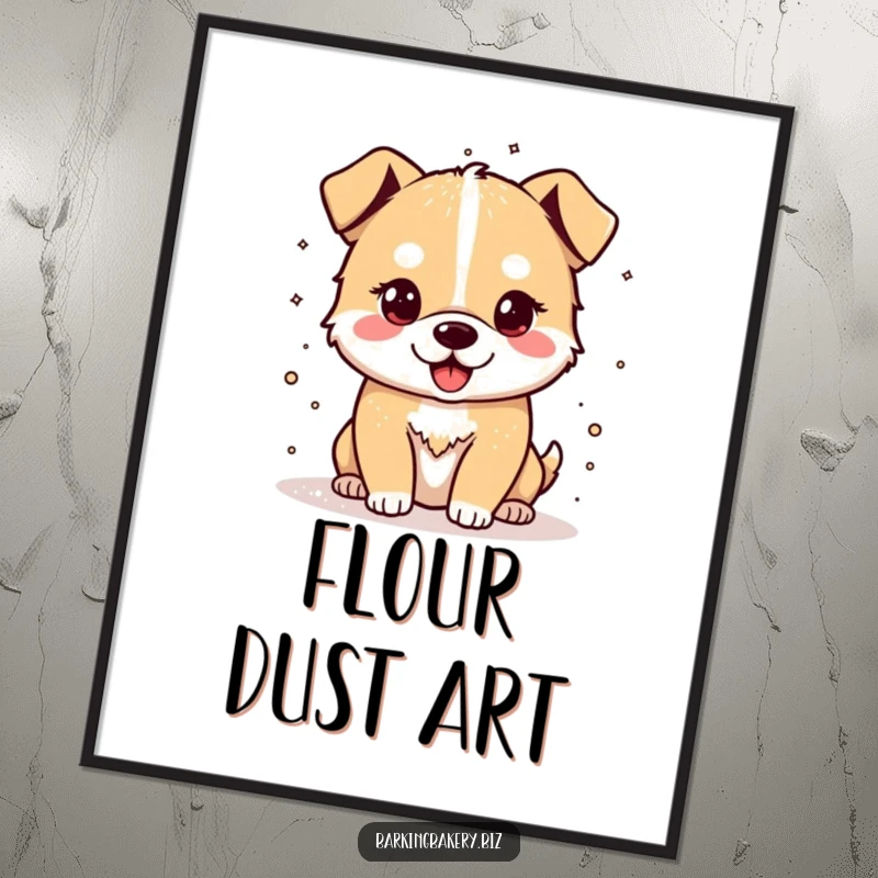 Funny digital art print of a cheerful dog happily sprinkling flour, instantly downloadable wall art.