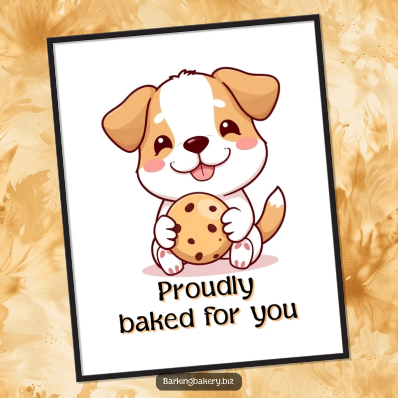 Funny dog digital art, a proud dog smiles, offering a perfect cookie, cheerful and humorous printable art for any space.