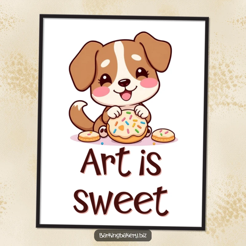 Funny digital art print showing a dog excitedly decorating a cookie with sprinkles, tail wagging happily.