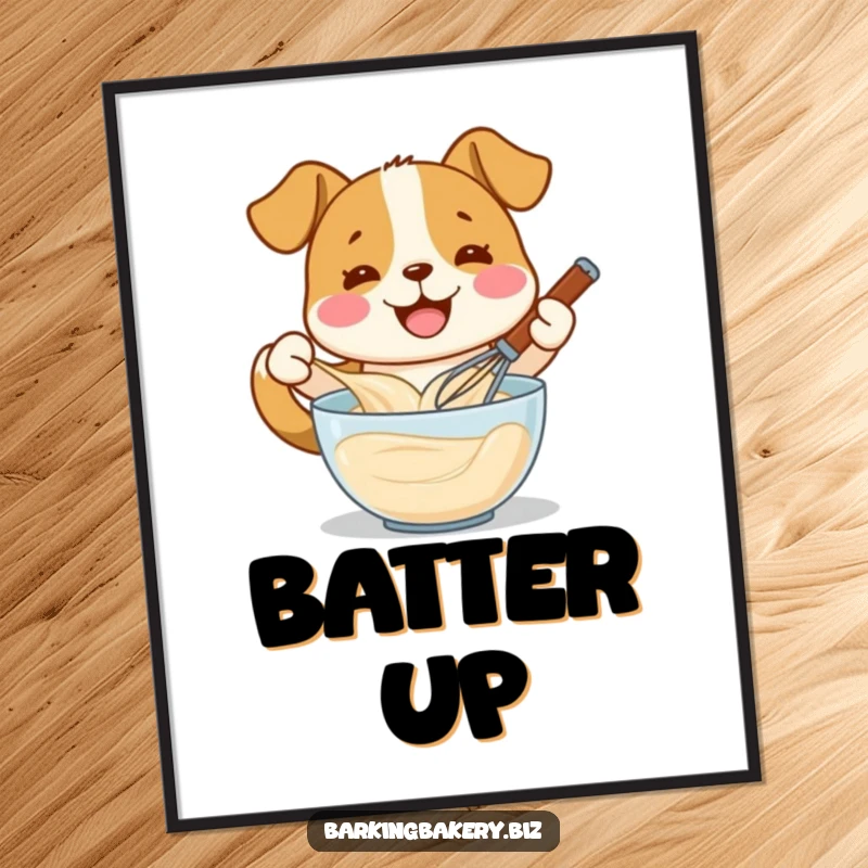 Funny dog whisking batter with a wide smile, a high-resolution digital art print, perfect funny gift.