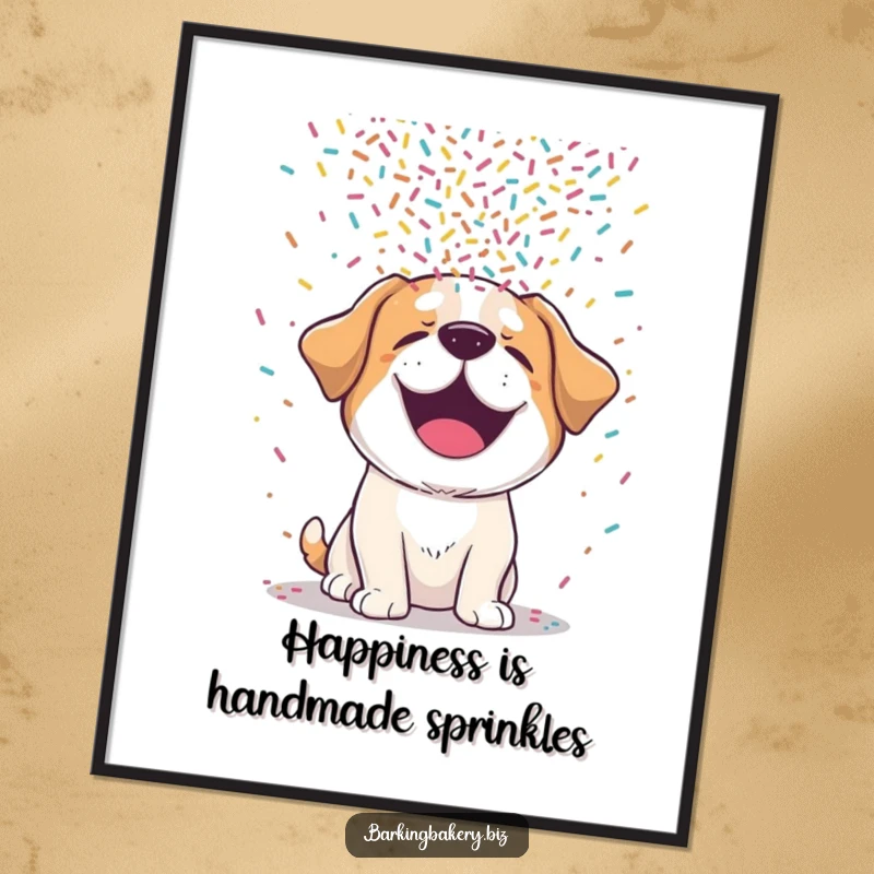 Funny dog digital art print of a giggling pup joyfully receiving a vibrant, messy cascade of colorful sprinkles.