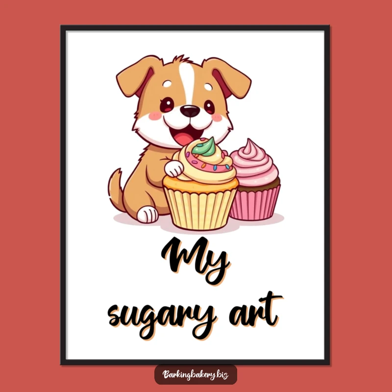 Funny Dog Digital Art Print: Vibrant Artwork of a Pup Decorating Cupcakes, Perfect Funny Gift Download