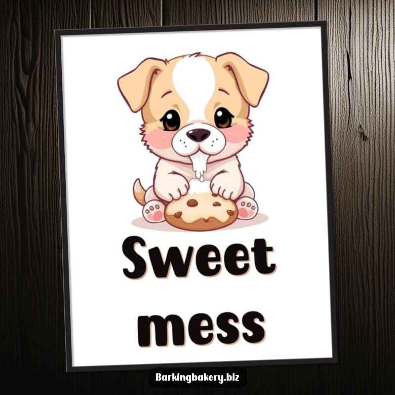 Funny Puppy Baker Digital Art: A puppy with flour on its nose pats a cookie, a sweet and funny printable.