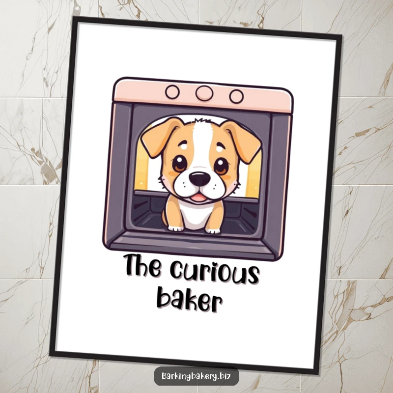 Funny Digital Art Print: A dog peeks into an oven with curious eyes, bringing humorous baking anticipation and charm.