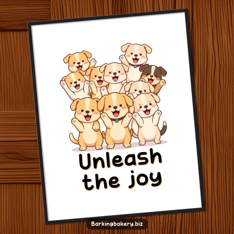 Funny Dog Cheer Squad Digital Art Print: A group of cute dogs with paws raised cheer joyfully, creating a vibrant piece.