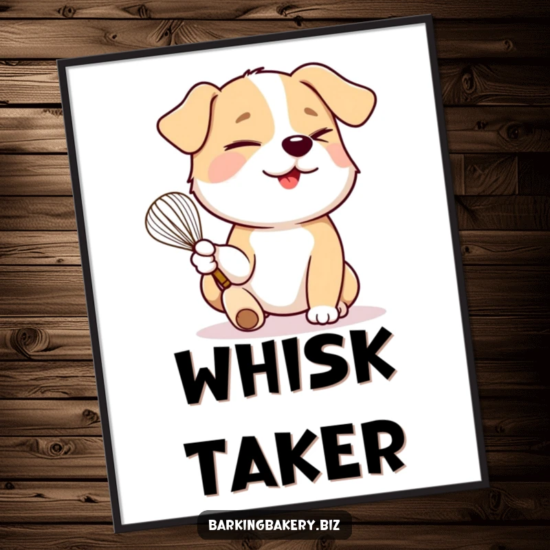 Funny dog holding a whisk winks playfully, a downloadable digital art print for humorous decor.