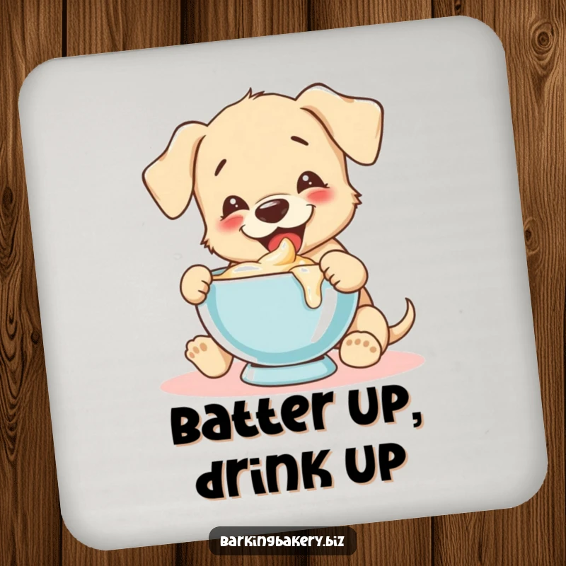 Funny puppy joyfully tastes batter from a mixing bowl, a humorous design for a protective drink coaster.