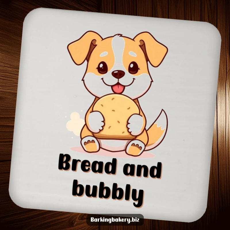 Funny drink coaster featuring a proud dog offering a freshly baked loaf of bread, protecting surfaces with baking humor.