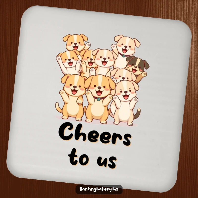 Funny Dog Cheer Squad Drink Coaster: A group of cute dogs cheer with paws raised, adding fun to your table.