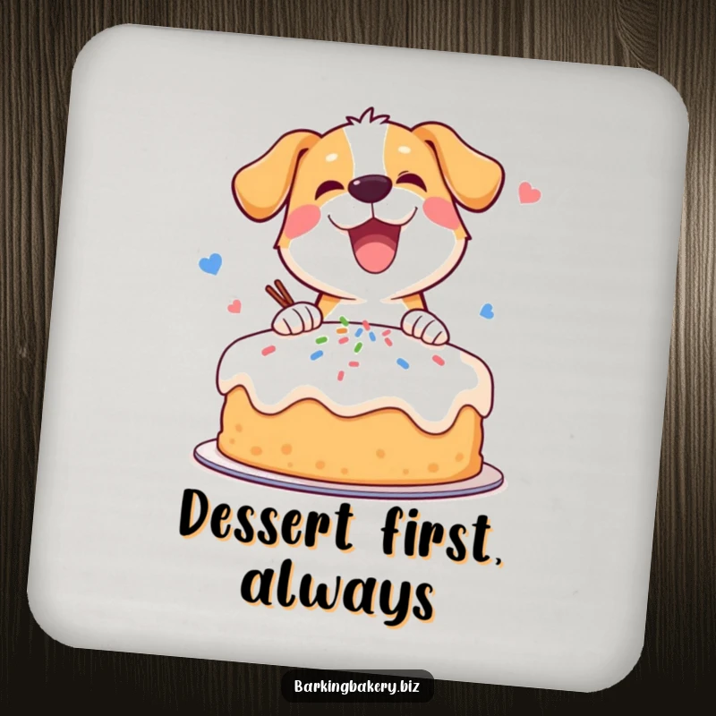 Funny drink coaster with a dog joyfully and enthusiastically decorating a cake with a sprinkle shower.