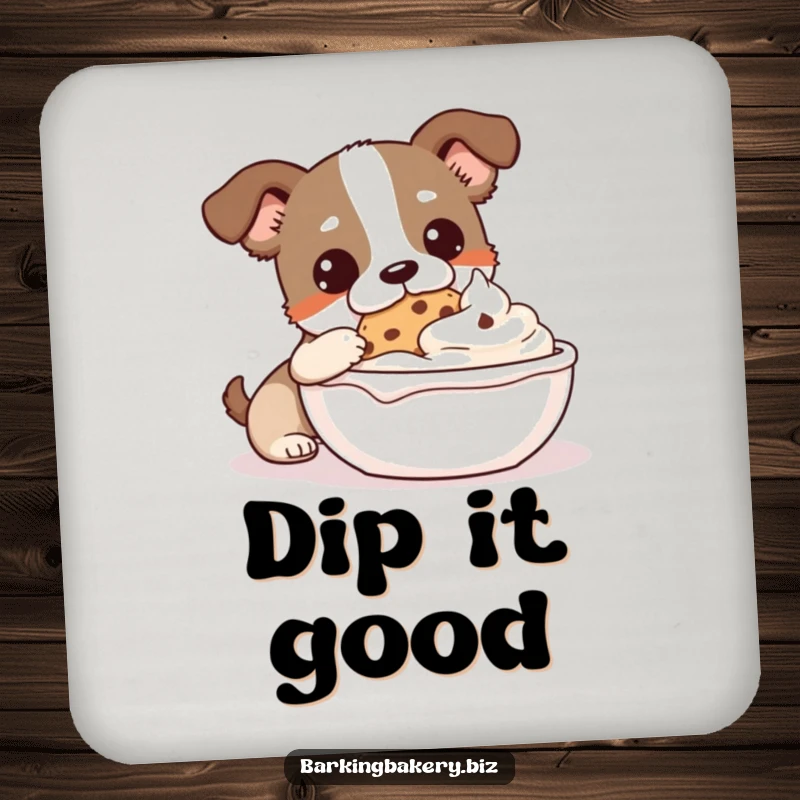 Funny Cookie Monster Dog Coaster: A dog dips a cookie into frosting, protecting surfaces with humor.