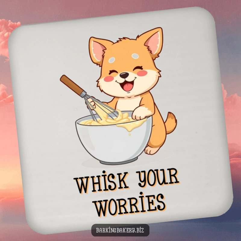 Funny dog coaster with an image of an energetic dog holding a large whisk, mixing batter in a bowl, protecting surfaces.