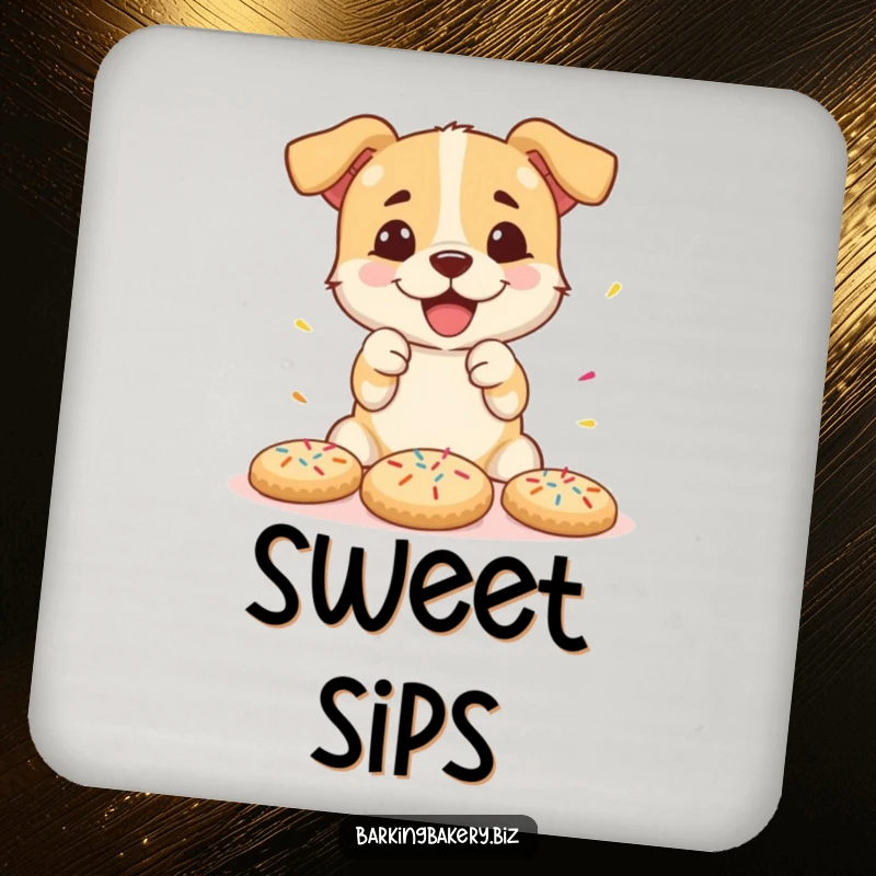 Funny drink coaster featuring a dog decorating cookies with sprinkles, protecting surfaces with sweet, humorous flair.