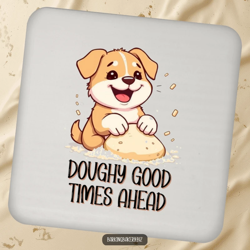 Funny dog coaster depicting a dog enthusiastically kneading dough, with flour comically flying.