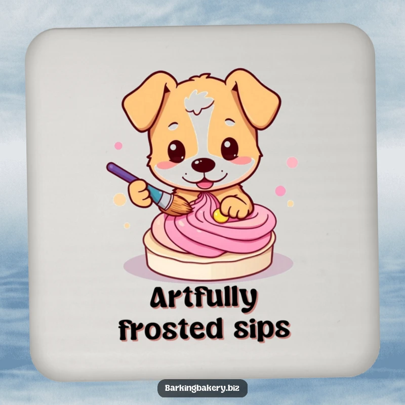 Funny dog coaster depicting a cute pup artistically swirling colorful frosting with a paintbrush.