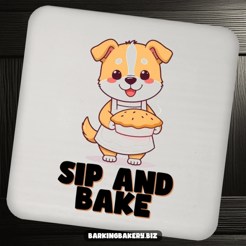 Funny dog baker drink coaster featuring a dog in an apron holding a pie, protecting surfaces with humor.