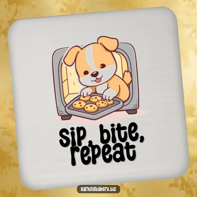Funny dog coasters, a cute dog slides cookies from a tiny oven, perfect for protecting tables with a humorous baking theme.