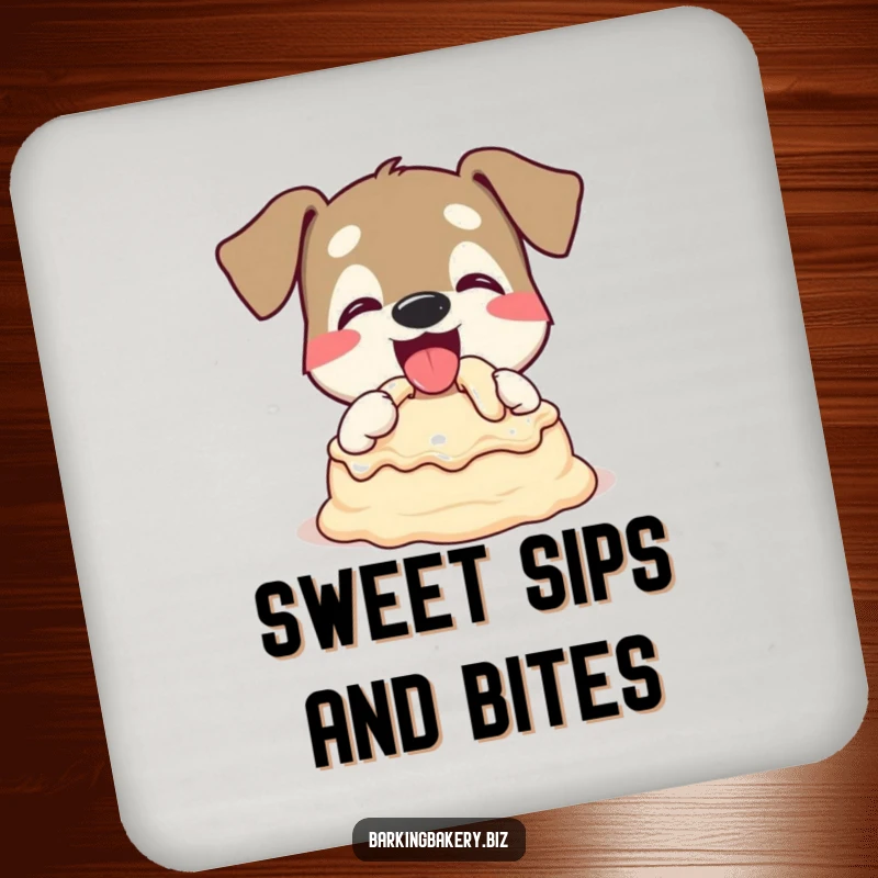 Funny Dog Coaster: A dog happily tasting cake batter with a wagging tail, protecting surfaces with humor. Great gift.