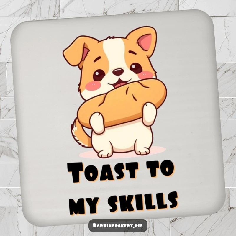 Funny dog coaster featuring a triumphant puppy holding a perfectly baked loaf of bread, protecting surfaces with style.