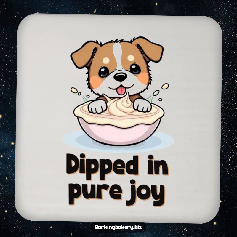 Funny drink coaster with a happy dog gleefully splashing and playing in a large bowl of frosting.