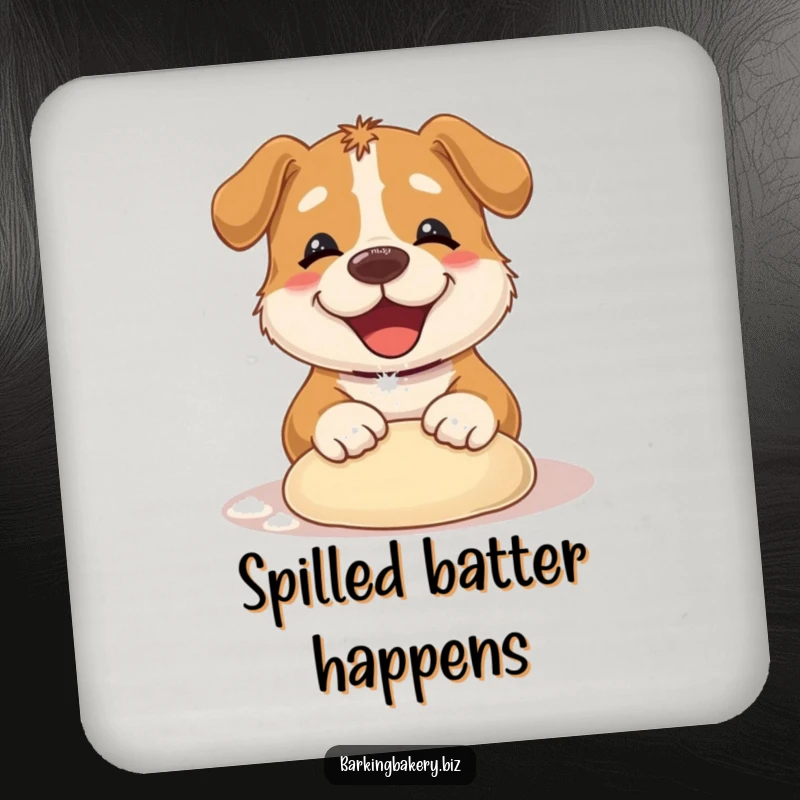 Funny Dog Coaster: A dog covered in flour happily kneading dough, protecting surfaces with humor. Great gift.