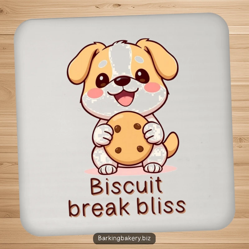 Funny Kawaii Dog Drink Coaster: A happy smiling kawaii dog holds a perfect cookie, adding cute humor to your table.