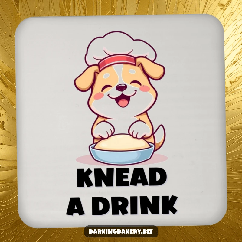 Funny drink coaster with an image of a dog wearing a chef hat, joyfully kneading dough with its paws.