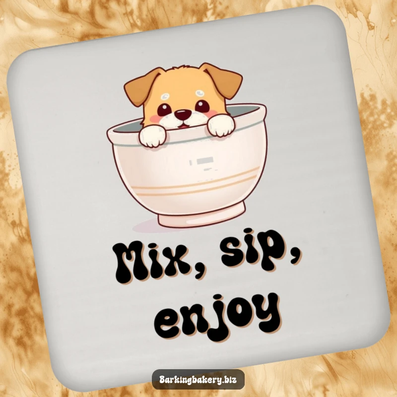 Funny Coaster: Dog peeks from a mixing bowl with a delighted expression, adding baking charm.