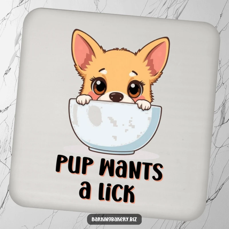 Funny dog coaster with a cute puppy peeking curiously into a mixing bowl, safeguarding surfaces from drinks.