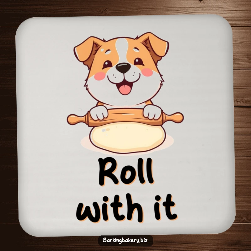 Funny Dog Baker Coaster: A happy dog uses a rolling pin on puffed dough, protecting surfaces with humor.