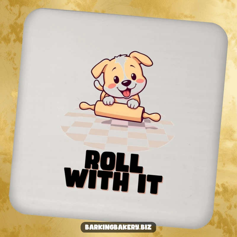 Funny dog playfully chasing a rolling pin on a checkered floor, a protective drink coaster, perfect funny gift.