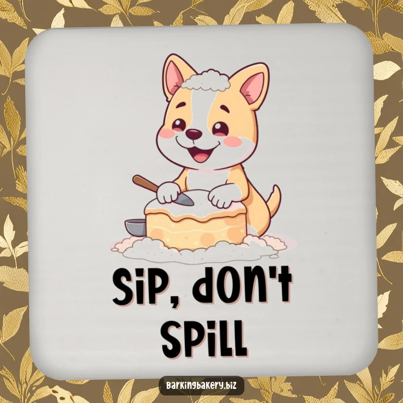Funny drink coaster with an image of a happy dog covered in flour, holding a funny, lopsided cake.