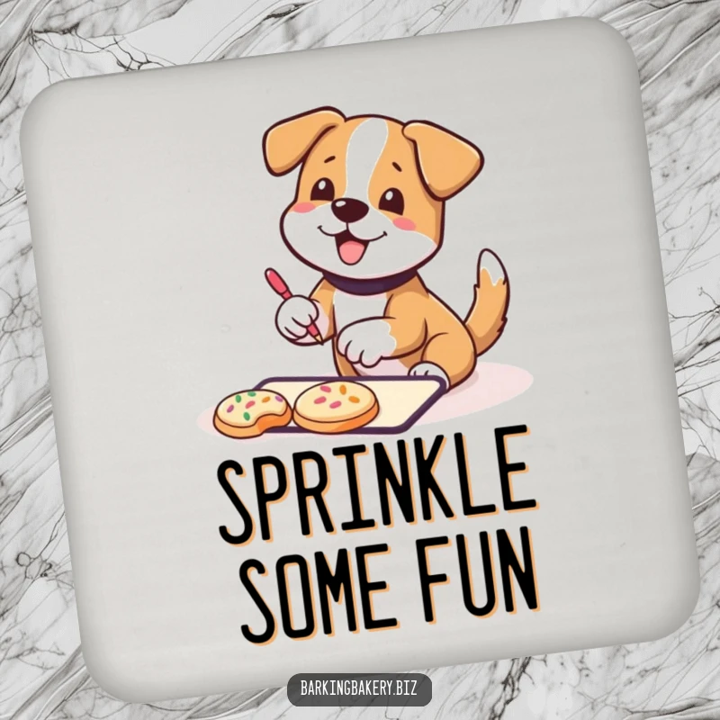 Funny Coasters: A dog wagging its tail happily decorates cookies with sprinkles, protecting surfaces with humorous and sweet art.