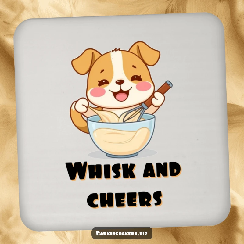 Funny dog whisking batter with a wide smile, a protective drink coaster, perfect funny gift for kitchens.
