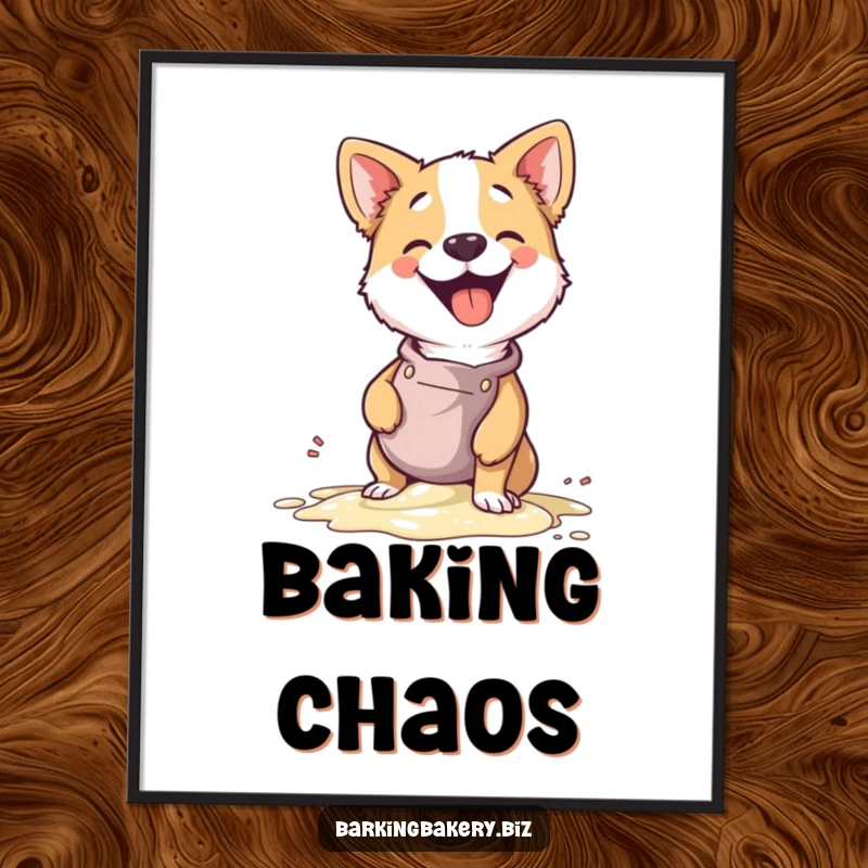Funny poster art of a dog chef in an apron giggling while spilling batter, a humorous and charming wall decoration.