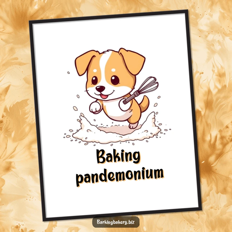 Funny dog poster, a dog covered in flour playfully chases a dancing whisk, whimsical wall art for a fun-loving home.