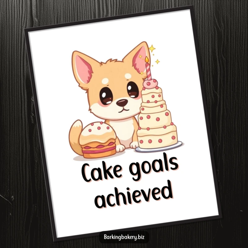 Funny dog poster, a dog with starry eyes gazes at a huge, towering cake, delightful wall art for cake lovers.
