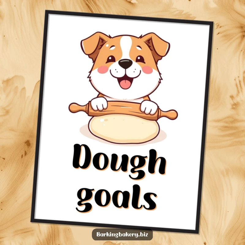 Funny Dog Baker Poster: A happy dog uses a rolling pin on puffed dough, adding humor to wall decor.